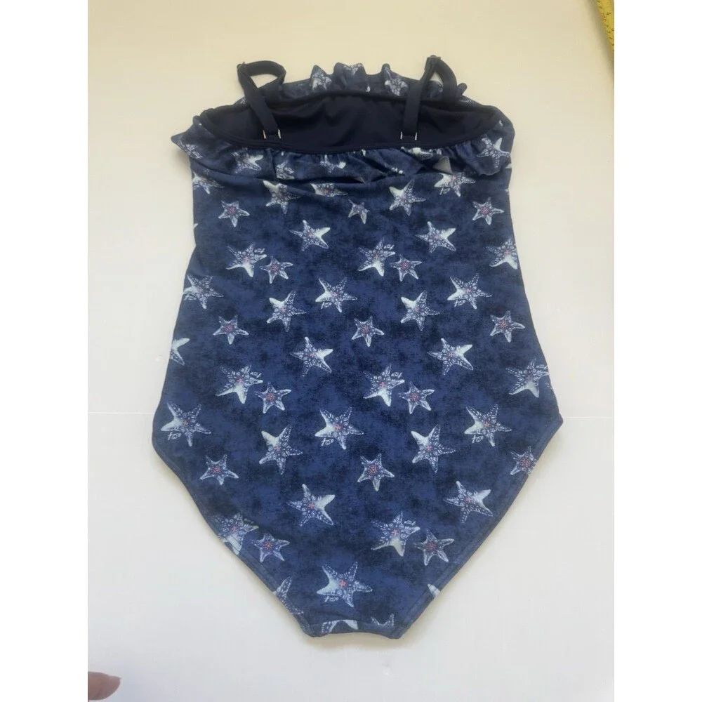 Abercrombie Kids Girls One Piece Swimsuit Size 13 14 Navy Blue Starfish Ruffle
